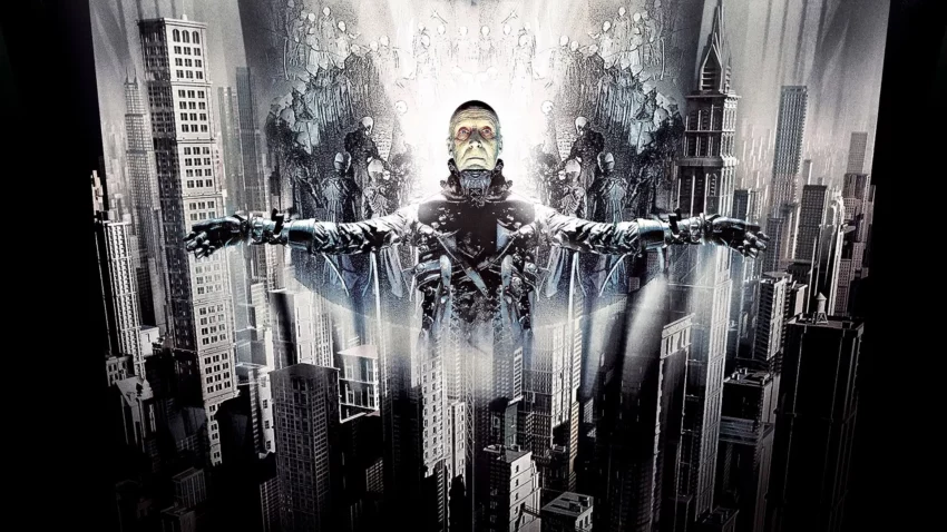 Bannière du film Dark City réalisé par Alex Proyas avec Rufus Sewell, Kiefer Sutherland et Jennifer Connelly.