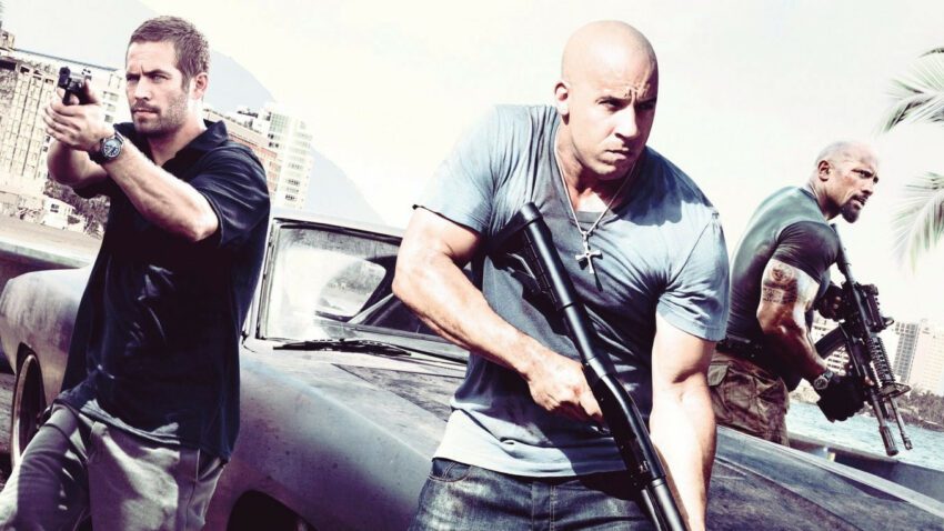 Bannière du film Fast and Furious 5 réalise par Justin Lin avec Vin Diesel, Paul Walker et Dwayne Johnson