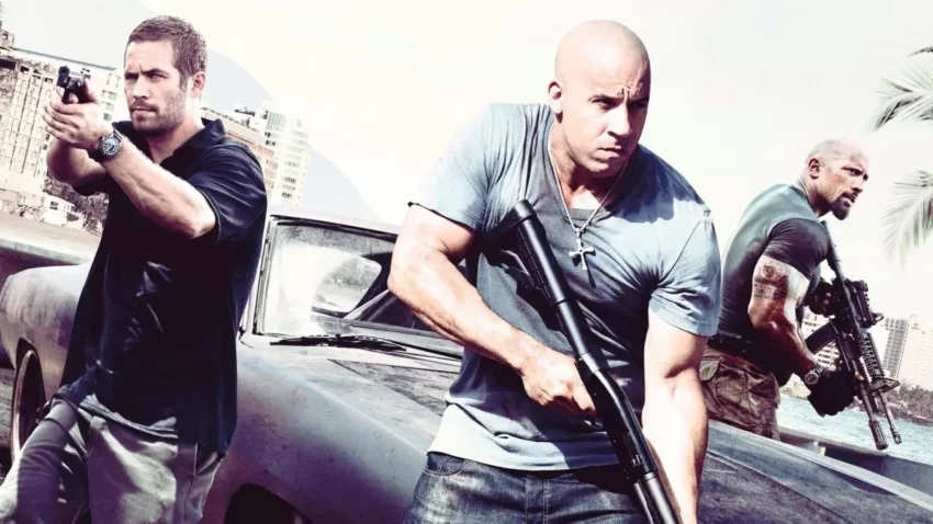 Bannière du film Fast and Furious 5 réalise par Justin Lin avec Vin Diesel, Paul Walker et Dwayne Johnson.