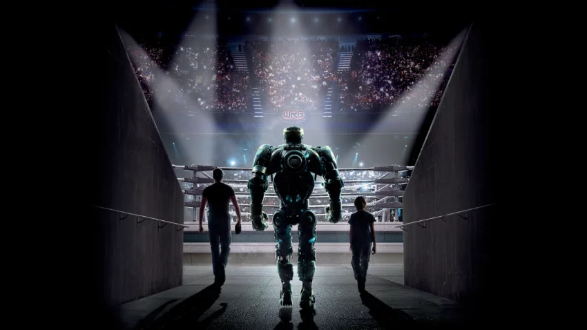 Bannière du film Real Steel réalisé par Shawn Levy avec Hugh Jackman et Dakota Goyo.