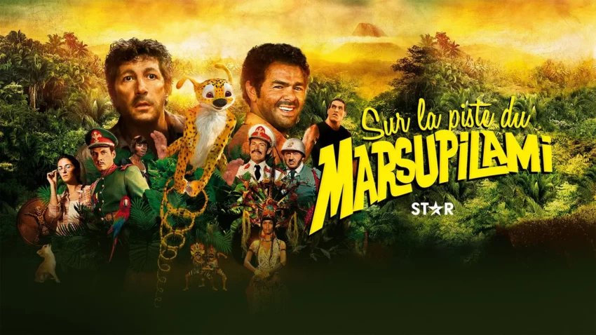 Bannière du film Sur la piste du Marsupilami avec Jamel Debbouze, Alain Chabat, Fred Testot, Géraldine Nakache, Lambert Wilson et Patrick Timsit.