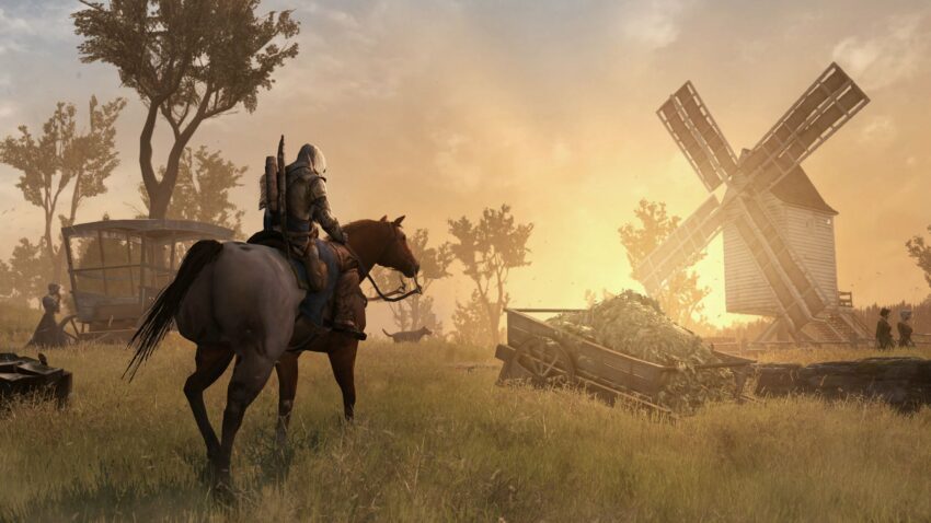 Image du jeu vidéo Assassin’s Creed III avec le héros se prenant pour Don Quichotte