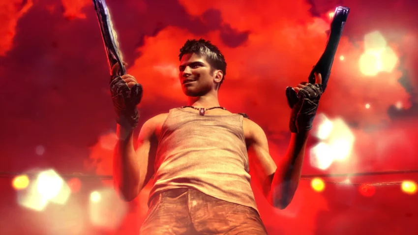 Image du jeu vidéo DmC Devil May Cry mettant en scène Dante avec Ebony et Ivory.