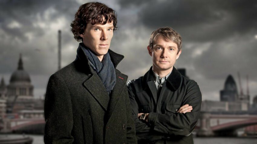 Bannière de la saison 1 de la série Sherlock avec Benedict Cumberbatch (Sherlock Holmes) et Martin Freeman (Docteur Watson)