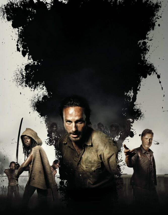 Poster de la saison 3 de The Walking Dead avec le trio Rick, Michonne et le Gouverneur