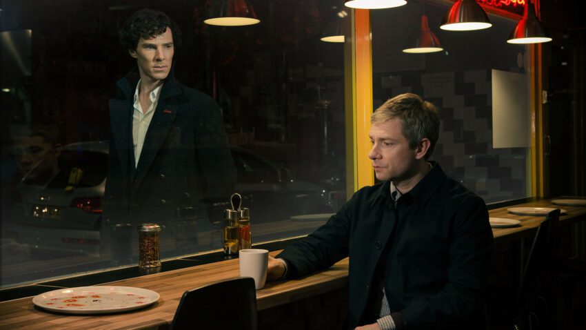 Bannière de la saison 3 de la série Sherlock avec Benedict Cumberbatch (Sherlock Holmes) et Martin Freeman (Docteur Watson)