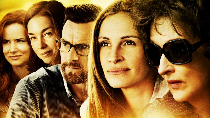 Bannière du film Un été à Osage County réalisé par John Wells en 2013 avec Meryl Streep, Sam Shepard, Julia Roberts, Chris Cooper, Ewan McGregor