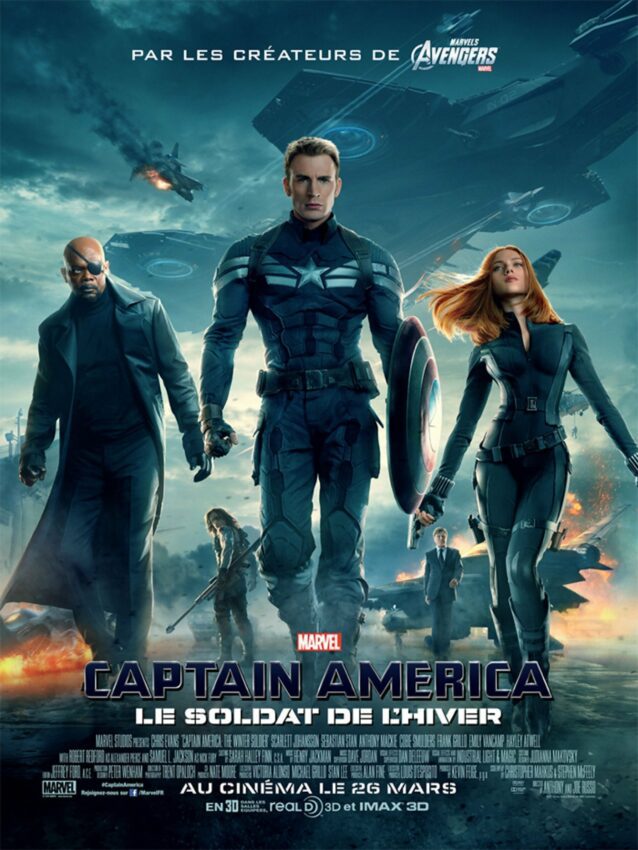 Affiche finale du film Captain America: Le Soldat de l’hiver avec Captain America, Nick Fury, Black Widow et le Soldat de l'hiver