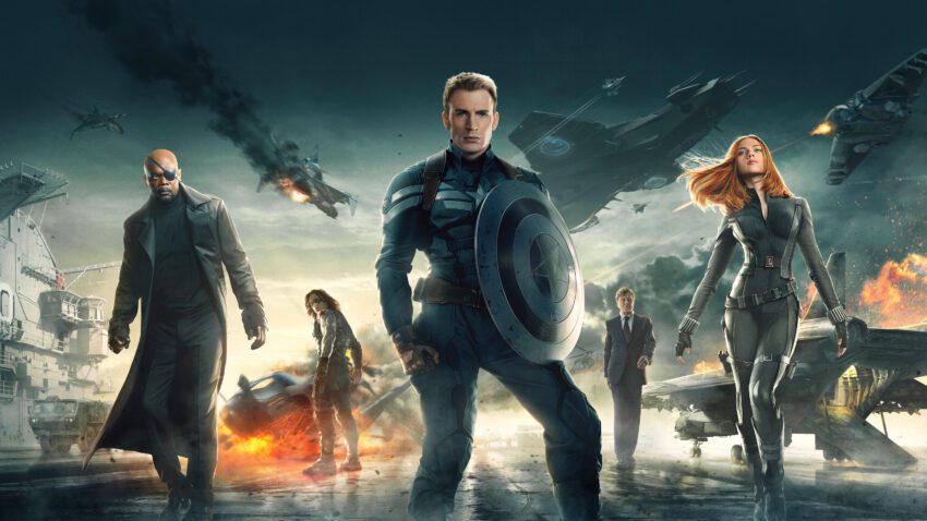 Bannière du film Captain America: Le Soldat de l’hiver avec Captain America, Nick Fury, Black Widow et le Soldat de l'hiver