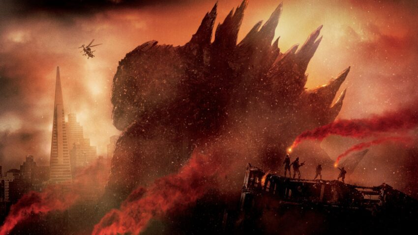 Photo du film Godzilla (2014) réalisé par Gareth Edwards avec le monstre de dos