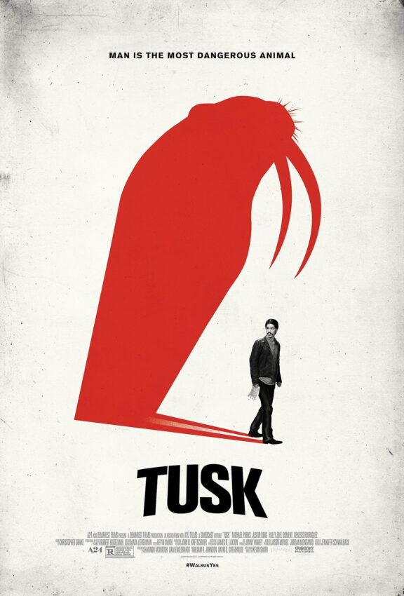 Poster du film Tusk réalisé par Kevin Smith avec Justin Long et la tagline "Man is the most dangerous animal"