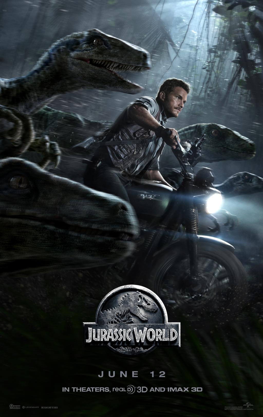 Poster du film Jurassic World réalisé par Colin Trevorrow avec Chris Pratt et ses raptors
