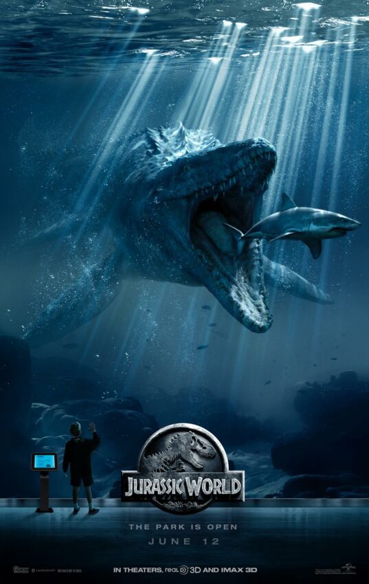 Poster du film Jurassic World réalisé par Colin Trevorrow avec le Mosasaure