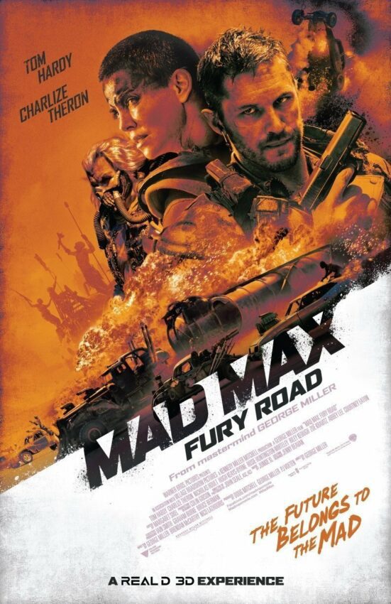 Poster rétro du film Mad Max: Fury Road réalisé par George Miller, d’après un scénario de Nick Lathouris, Brendan McCarthy et George Miller, avec Tom Hardy, Charlize Theron,