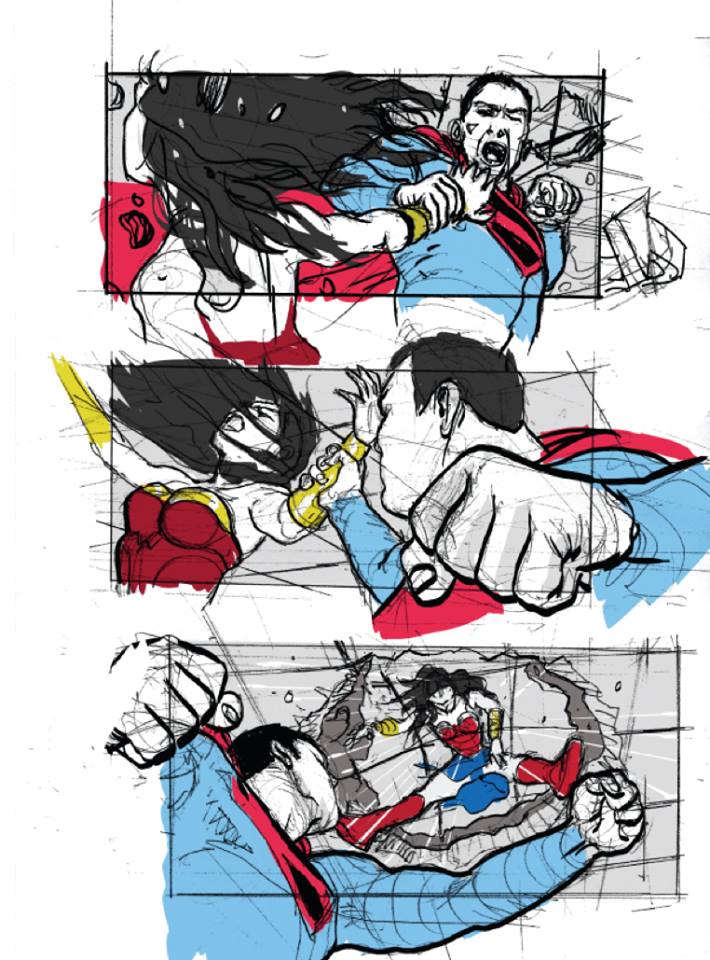 Page 1 du Story-board pour Justice League Mortal présentant un combat entre Superman et Wonder Woman