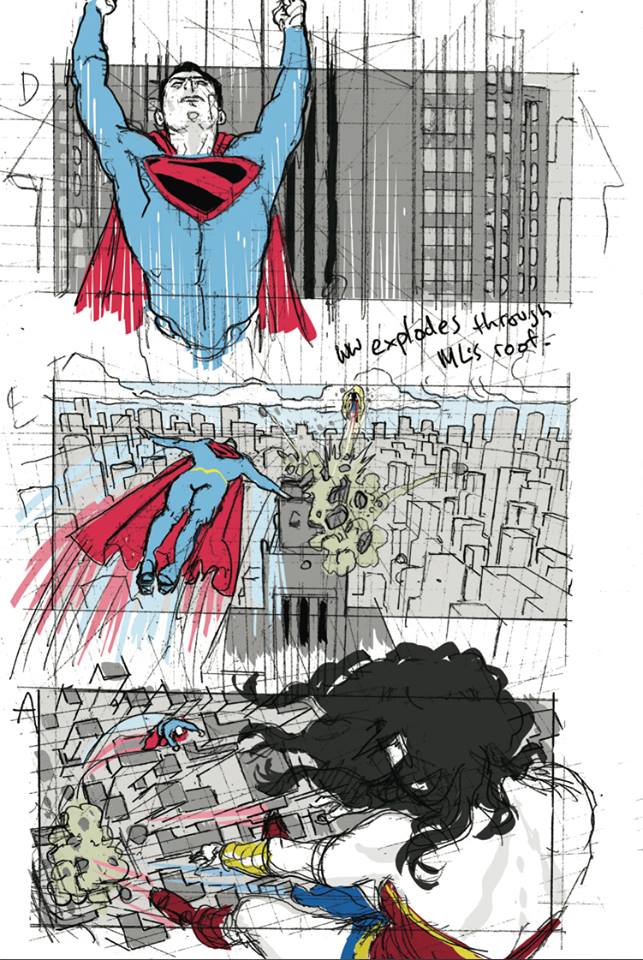 Page 4 du Story-board pour Justice League Mortal présentant un combat entre Superman et Wonder Woman