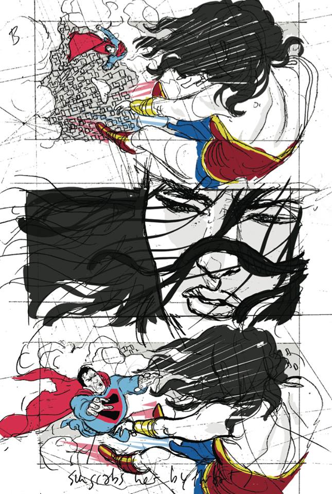 Page 5 du Story-board pour Justice League Mortal présentant un combat entre Superman et Wonder Woman