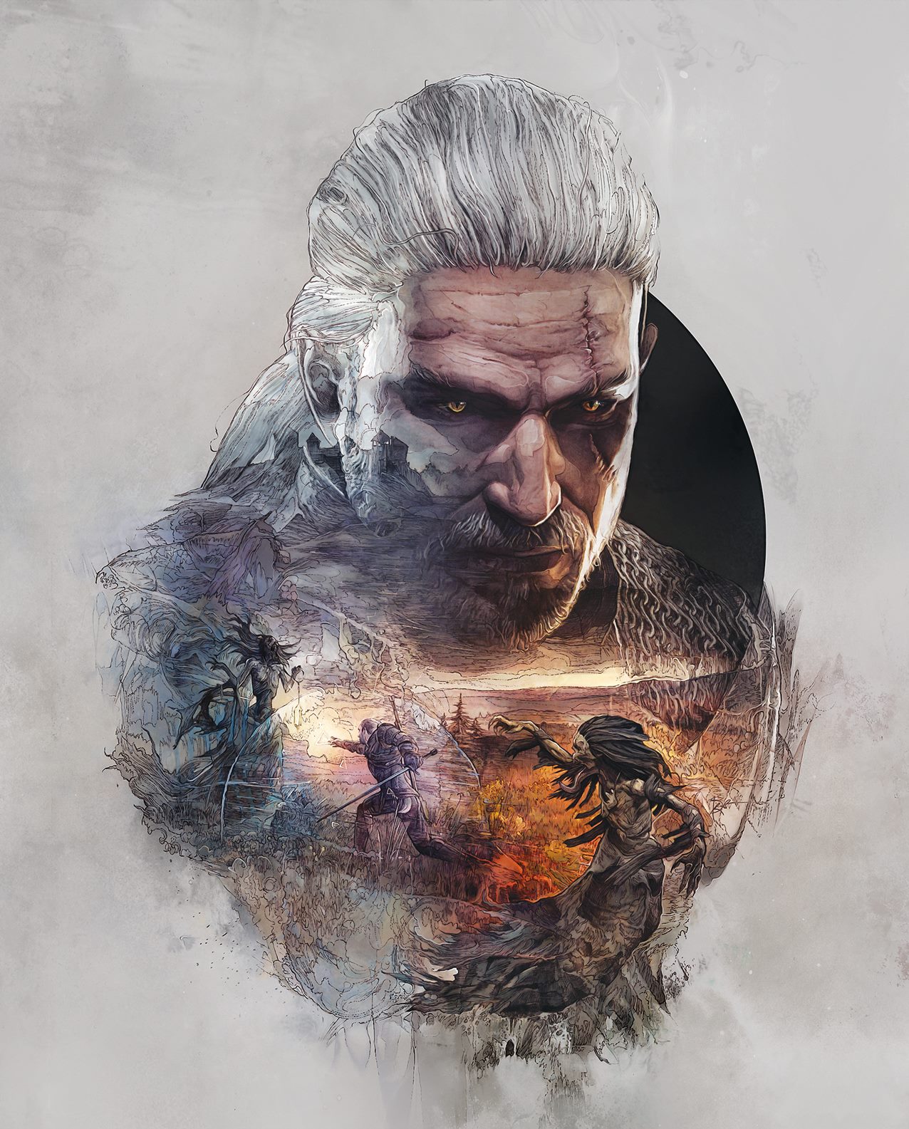 Poster du jeu vidéo The Witcher 3: Wild Hunt avec Geralt de Riv