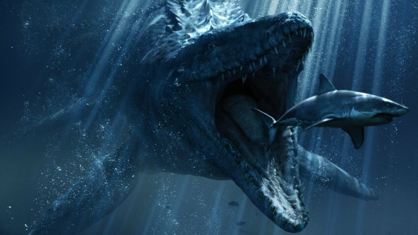Bannière du film Jurassic World réalisé par Colin Trevorrow avec le Mosasaure