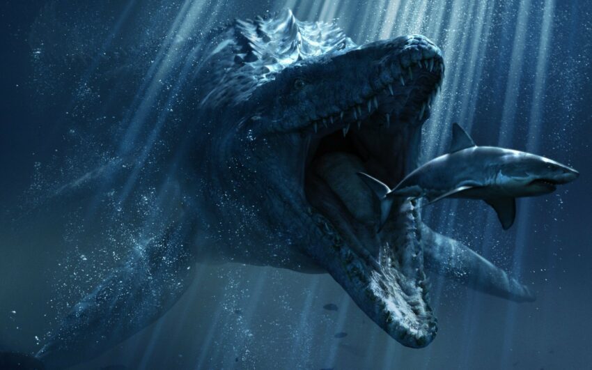 Bannière du film Jurassic World réalisé par Colin Trevorrow avec le Mosasaure