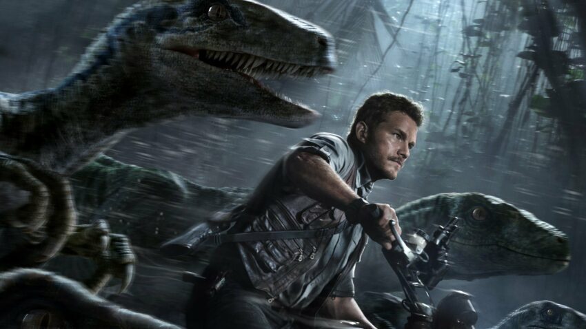 Bannière du film Jurassic World réalisé par Colin Trevorrow avec Chris Pratt et ses raptor