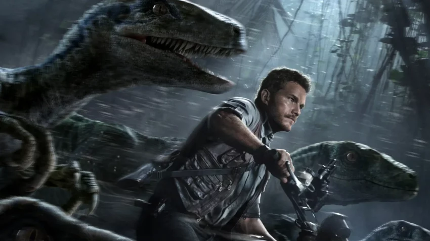 Bannière du film Jurassic World réalisé par Colin Trevorrow avec Chris Pratt et ses raptors
