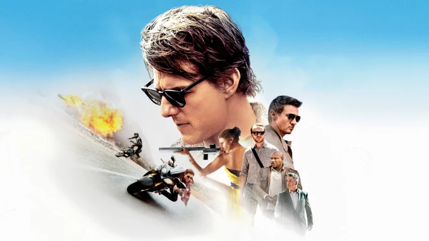 Bannière du film Mission: Impossible Rogue Nation réalisé par Christopher McQuarrie, d’après un scénario écrit par Drew Pearce et Will Staples, avec Tom Cruise, Simon Pegg, Jeremy Renner, Alec Baldwin, Rebecca Ferguson et Ving Rhames.