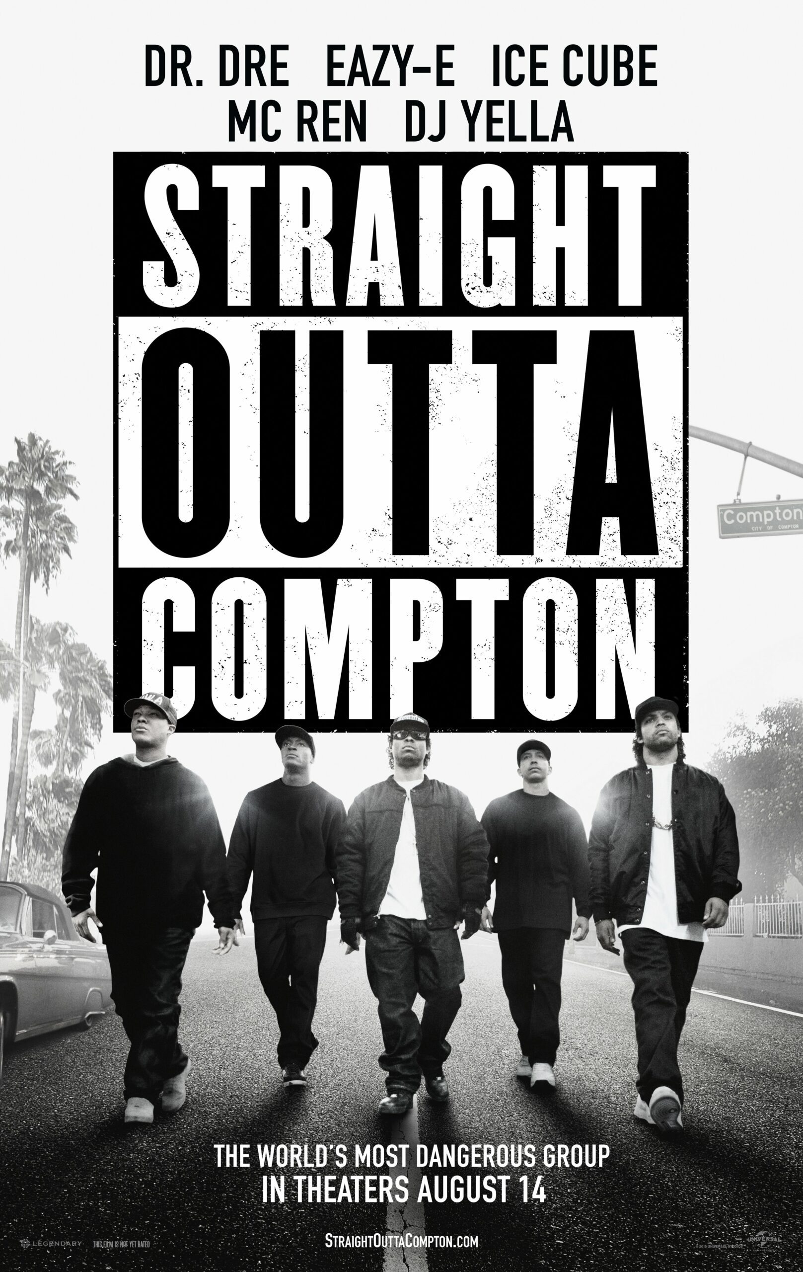 Poster du film NWA: Straight Outta Compton réalisé par F. Gary Gray avec O’Shea Jackson Jr., Corey Hawkins, Jason Mitchell, Neil Brown Jr., Aldis Hodge et Marlon Yates Jr
