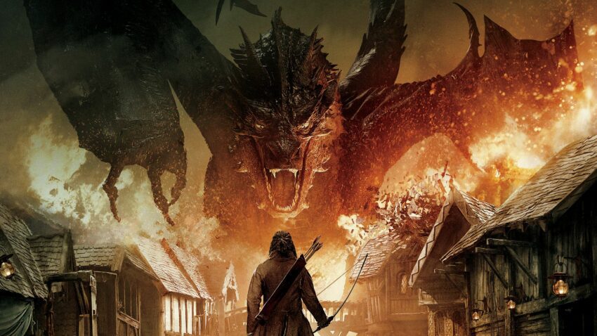 Bannière avec Smaug du film Le Hobbit 3: La bataille des cinq armées réalisé par Peter Jackson
