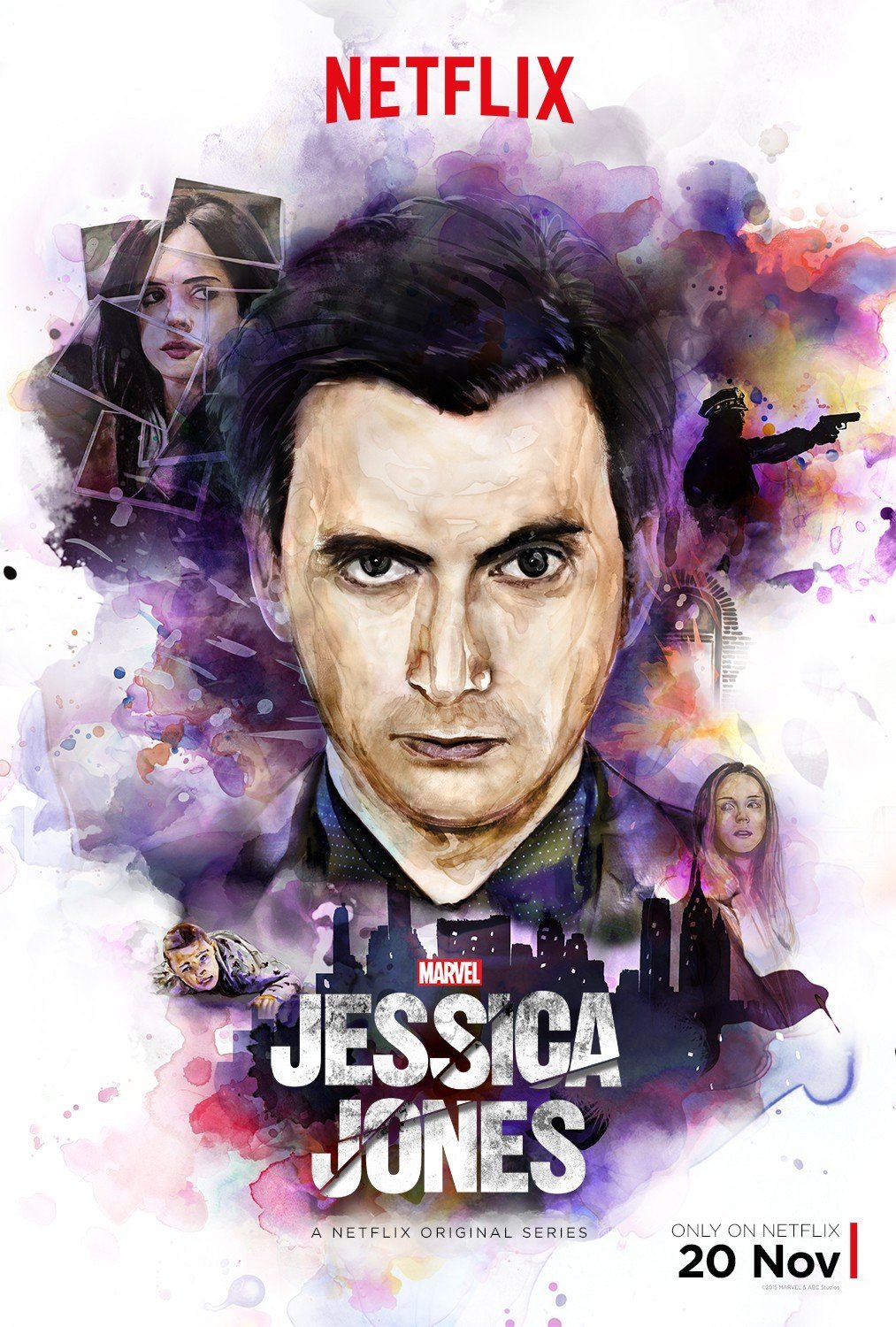 Poster de la première saison de la série Marvel/Netflix Jessica Jones avec Kilgrave (David Tennant)