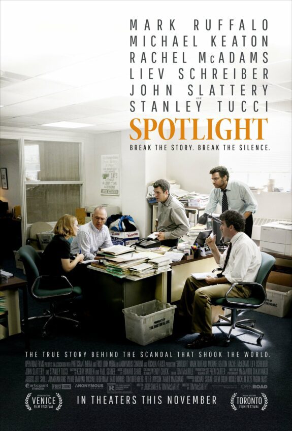 Poster du film Spotlight réalisé par Tom McCarthy avec Michael Keaton, Mark Ruffalo, Rachel McAdams, Liev Schreiber, John Slattery