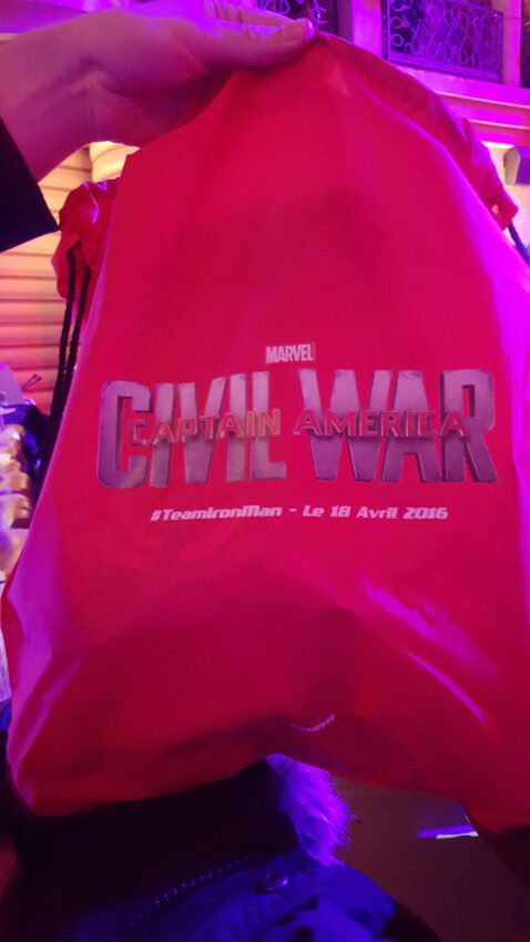 Photo du sac Iron Man offert à l'avant-première française au Grand REX de Captain America: Civil War
