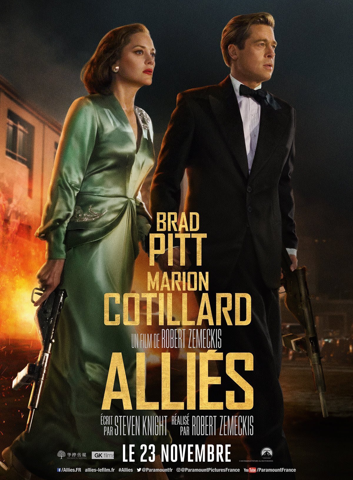 Affiche française d'Alliés avec Brad Pitt et Marion Cotillard
