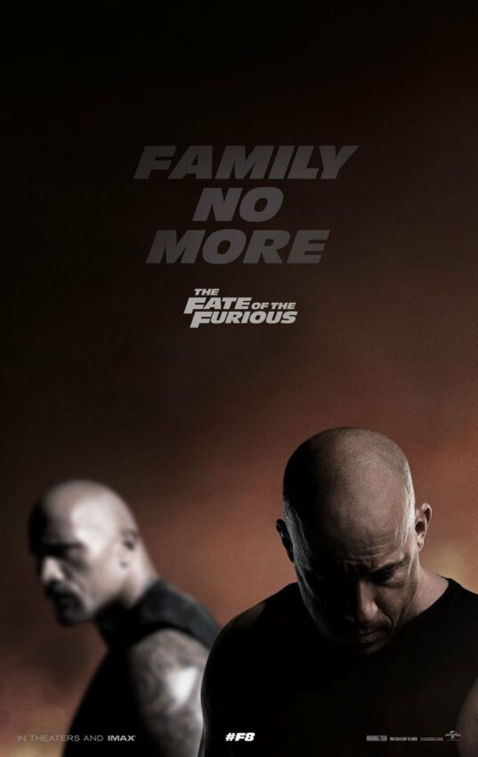 Poster teaser de Fast & Furious 8 avec la tagline 'Family no more'.