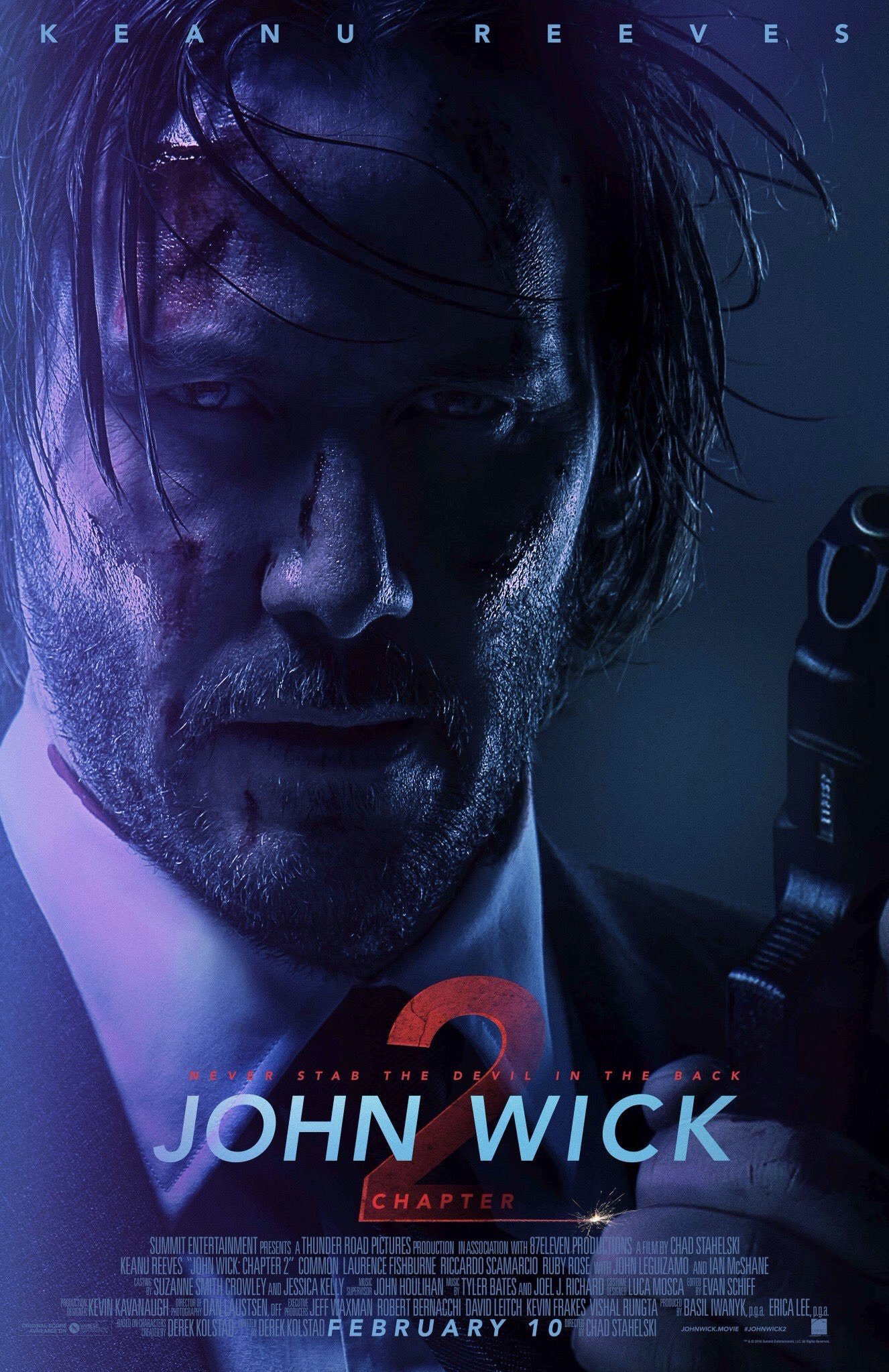 Poster de John Wick 2 avec la tagline 'Never stab the devil in the back'