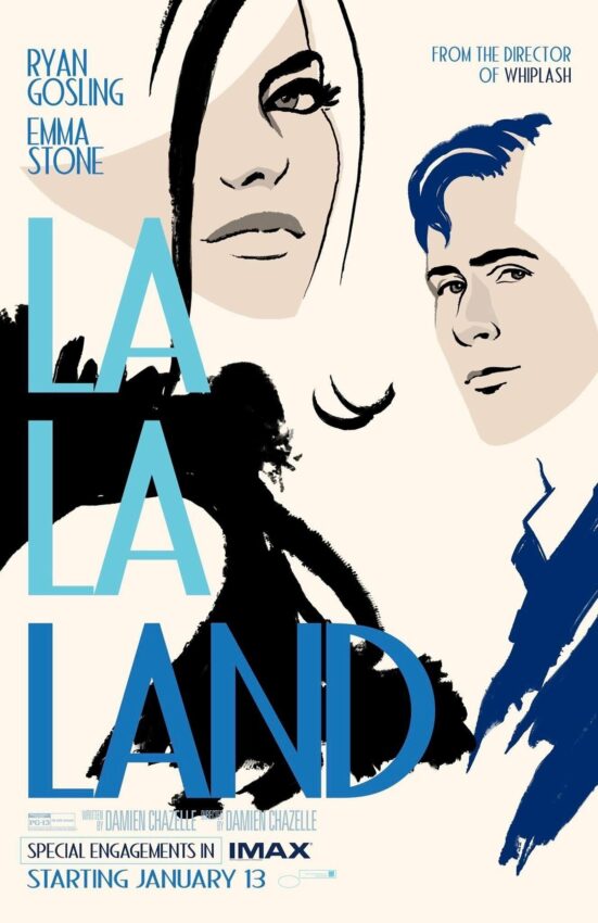 Poster old school du film La La Land écrit et réalisé par Damien Chazelle