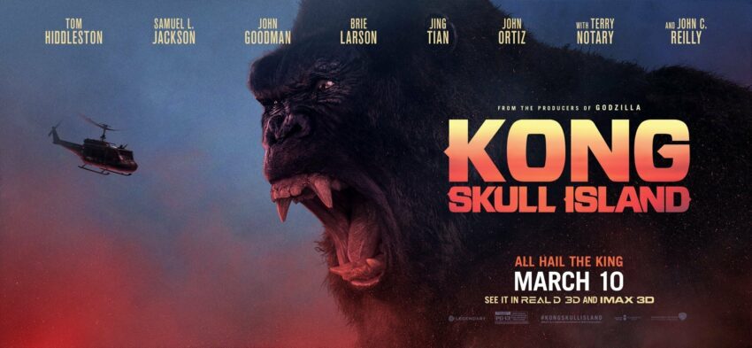 Bannière de Kong: Skull Island avec King Kong face à un hélicoptère