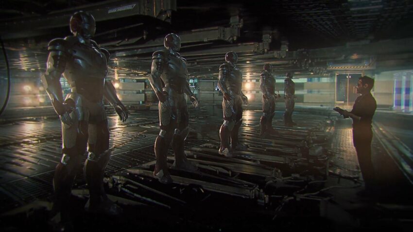 Concept art pour Avengers: Infinity War avec Tony Stark devant ses armures Iron Man