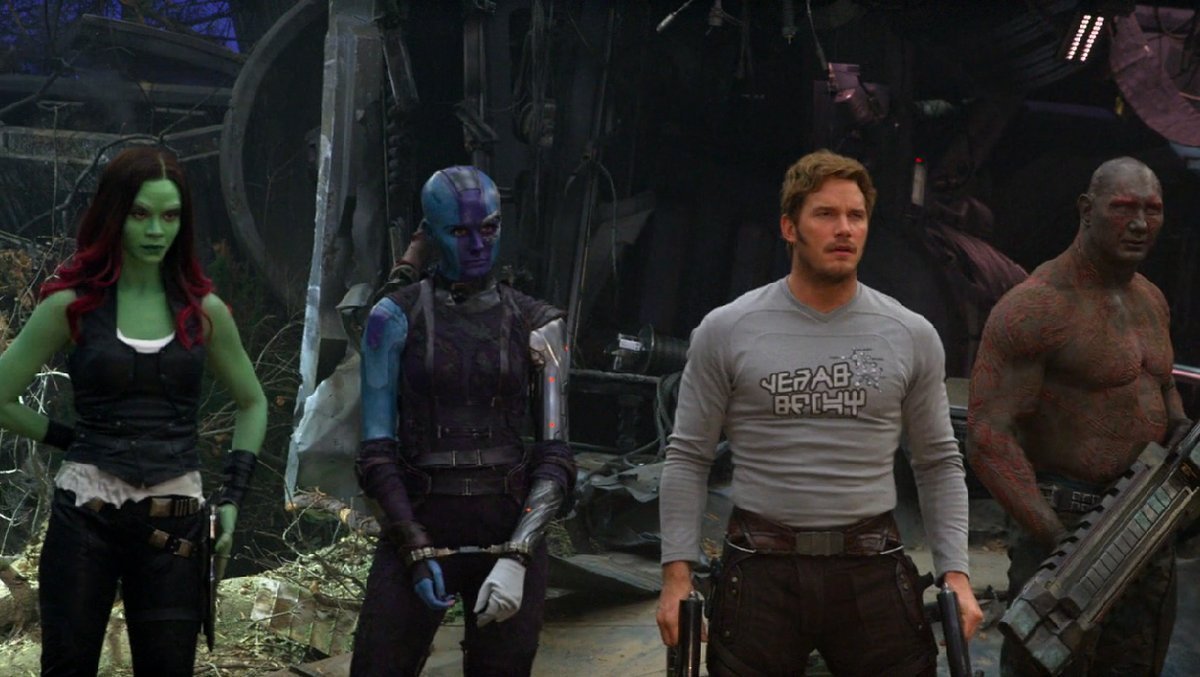 Photo du tournage de Les Gardiens de la Galaxie Vol. 2 Gamora, Nebula, Star-Lord et Drax