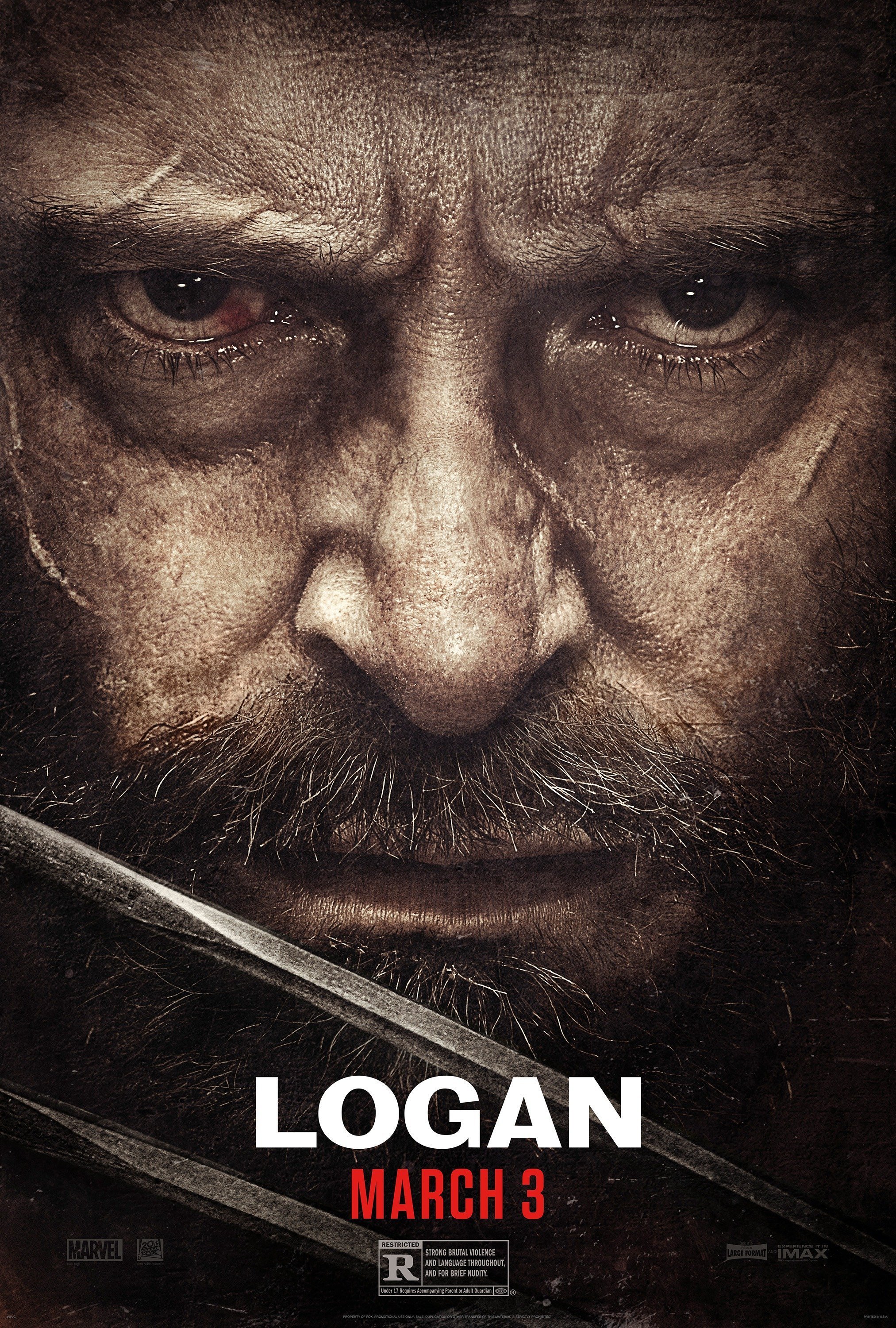 Poster du film Logan avec un gros plan sur le visage d'Hugh Jackman