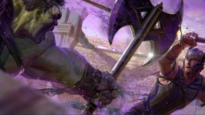 Concept art pour Thor: Ragnarok avec Gladiateur Hulk attaquant Thor
