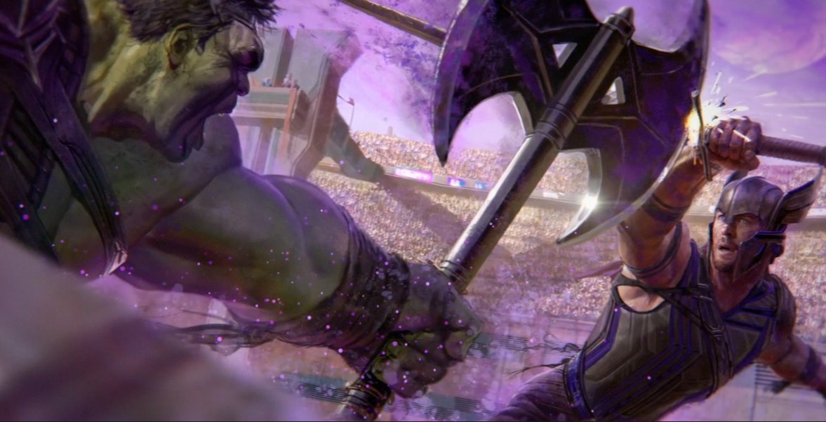 Concept art pour Thor: Ragnarok avec Gladiateur Hulk attaquant Thor