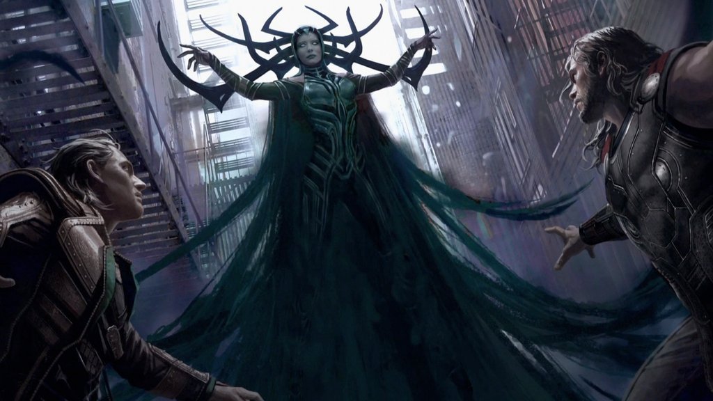 Concept art pour Thor: Ragnarok avec Hela apparaissant devant Loki et Thor