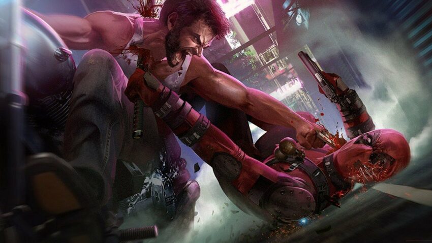 Image avec Wolverine qui plante ses griffes dans la tête de Deadpool