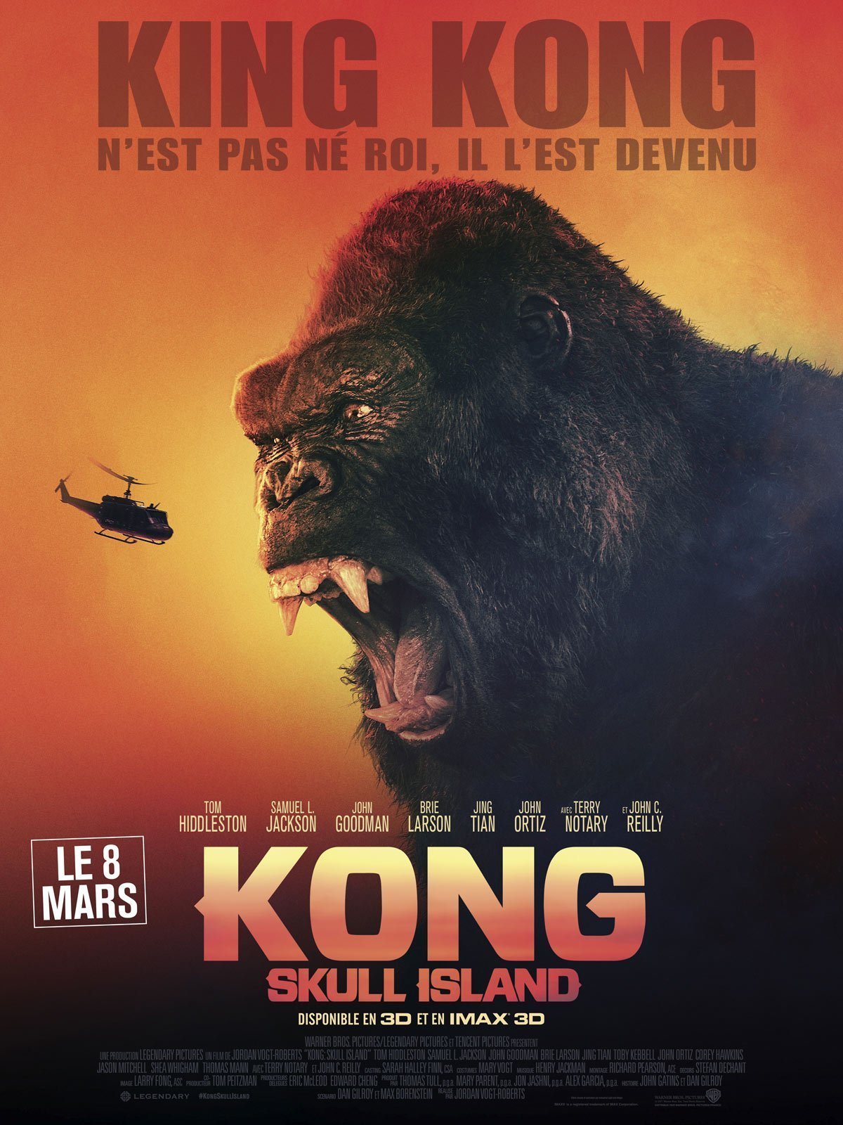 Affiche française de Kong: Skull Island avec la tagline "King Kong n'est pas né roi. Il l'est devenu."