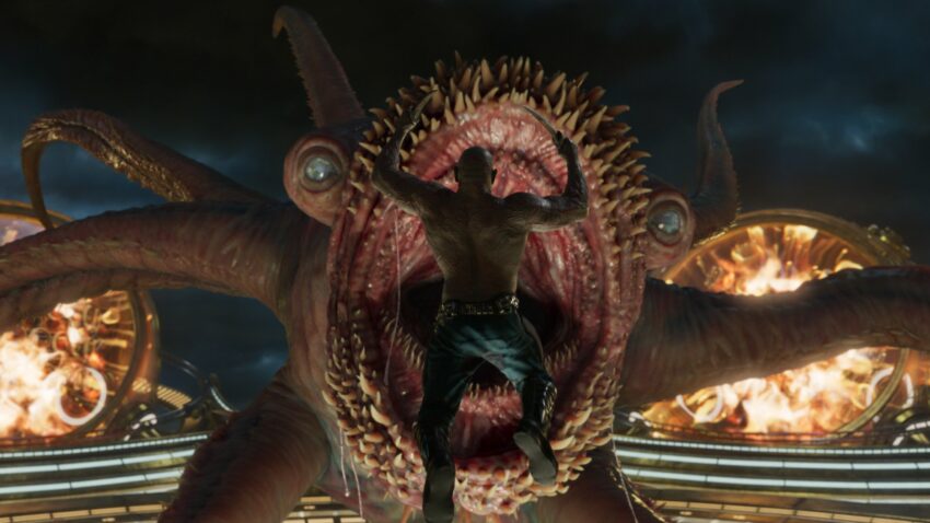 Photo du film Les Gardiens de la Galaxie Vol. 2 avec Drax fonçant dans la bouche du monstre