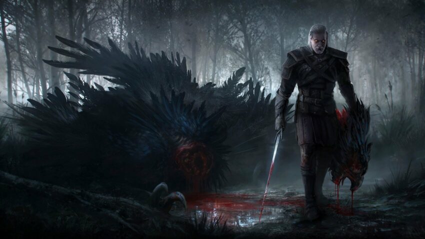 Concept art du jeu vidéo The Witcher 3: Wild Hunt avec Geralt de Riv après avoir décapité un monstre