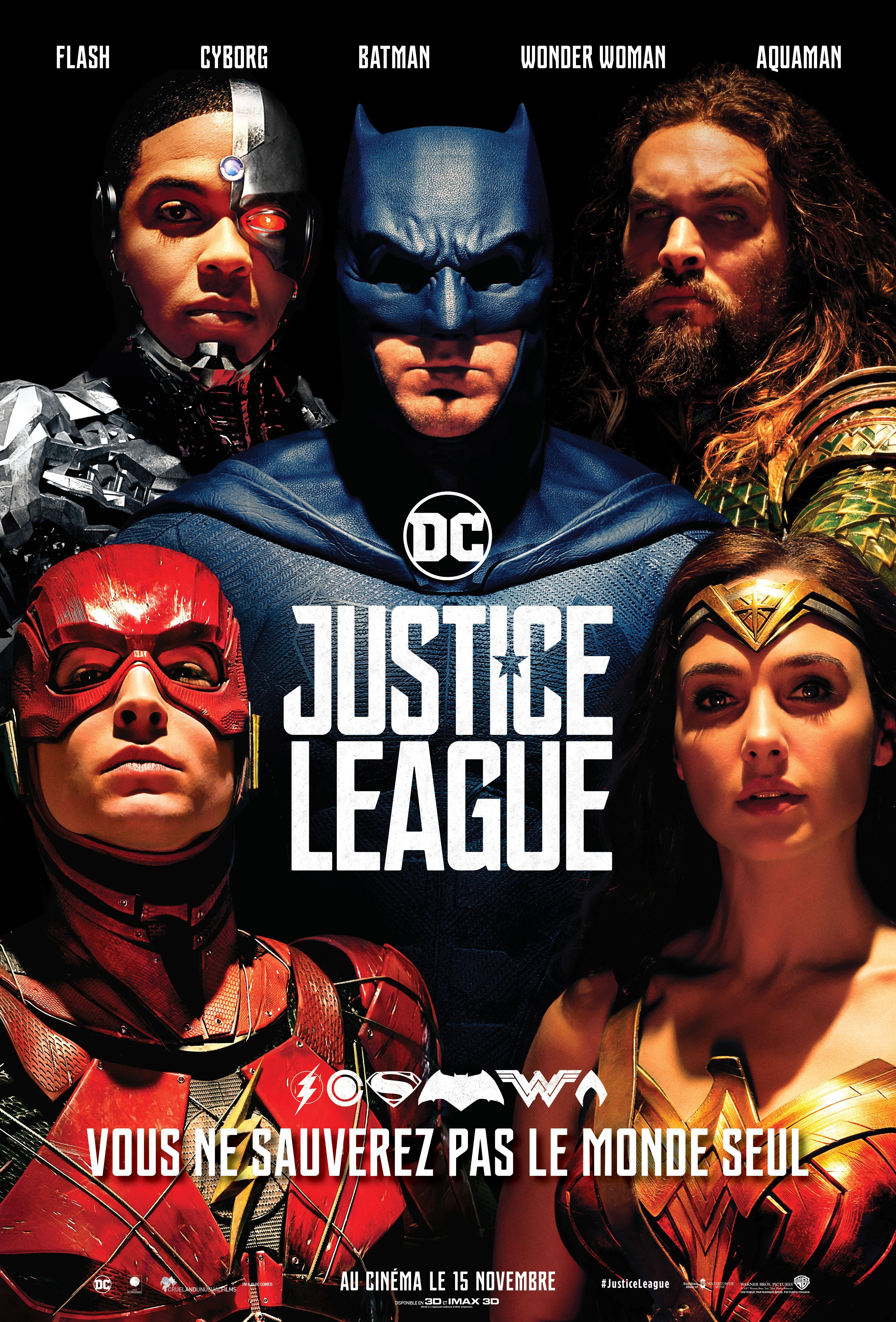 Affiche française du film Justice League avec Wonder Woman, Cyborg, Batman, Aquaman et Flash