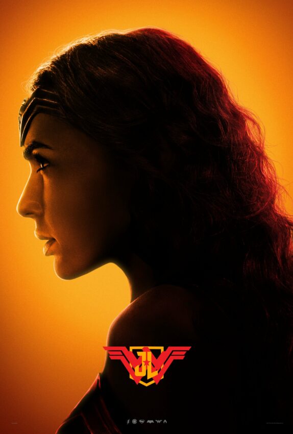 Poster jaune du film Justice League avec Wonder Woman
