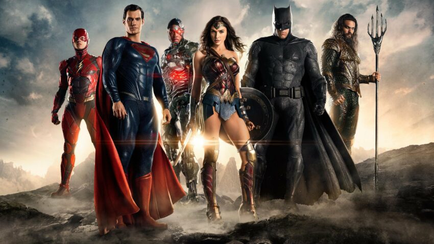 Bannière du film Justice League avec Wonder Woman, Cyborg, Batman, Aquaman, Flash et Superman